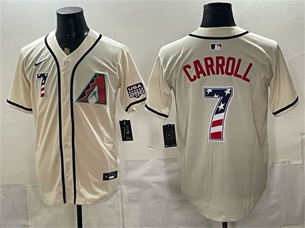 Men's Arizona Diamondbacks 7 Corbin Carroll Cream 2026 USA 250 Fourth of July Home Stadium Stitched Baseball Jersey