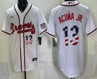 Men's Atlanta Braves 13 Ronald Acuna Jr White USA 250 Fourth of July Home Stadium Stitched Jersey