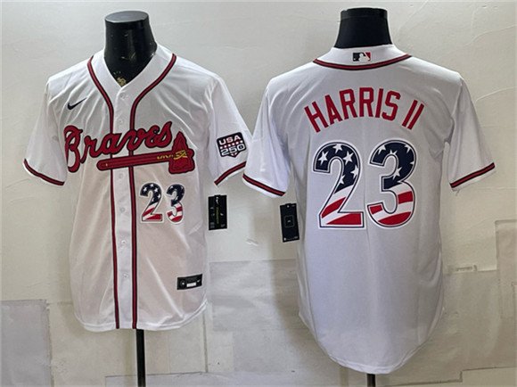Men's Atlanta Braves 23 Michael Harris II White USA 250 Fourth of July Home Stadium Stitched Baseball Jersey