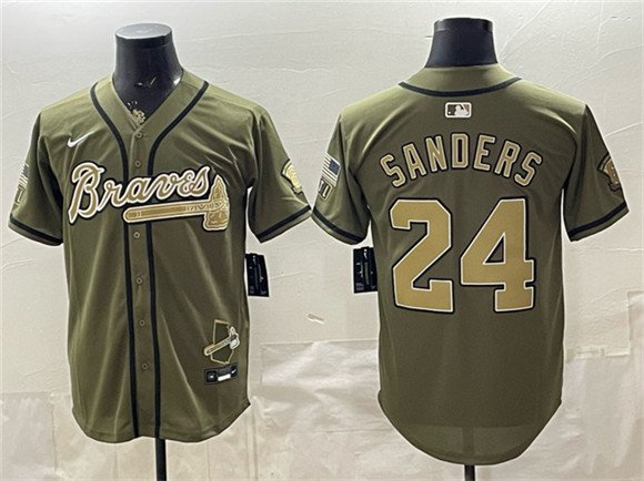 Men's Atlanta Braves 24 Deion Sanders Olive 2026 Armed Forces Day Stitched Baseball Jersey