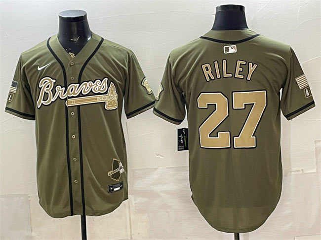 Men's Atlanta Braves 27 Austin Riley Olive 2026 Armed Forces Day Stitched Baseball Jersey Men's Atlanta Braves 27 Austin Riley Olive 2026 Armed Forces Day Stitched Baseball Jersey