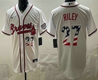 Men's Atlanta Braves 27 Austin Riley White USA 250 Fourth of July Home Stadium Stitched Jersey