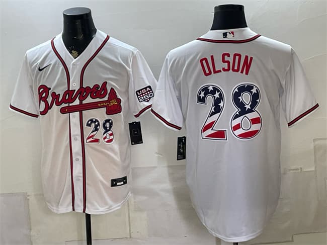 Men's Atlanta Braves 28 Matt Olson White USA 250 Fourth of July Home Stadium Stitched Baseball Jersey
