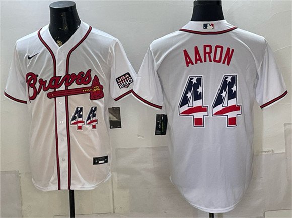 Men's Atlanta Braves 44 Hank Aaron White USA 250 Fourth of July Home Stadium Stitched Baseball Jersey