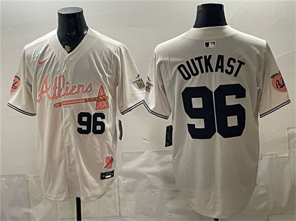 Men's Atlanta Braves 96 OutKast Cream 2024 Atliens Peach With Outkast Patch Vapor Limited Stitched Baseball Jersey
