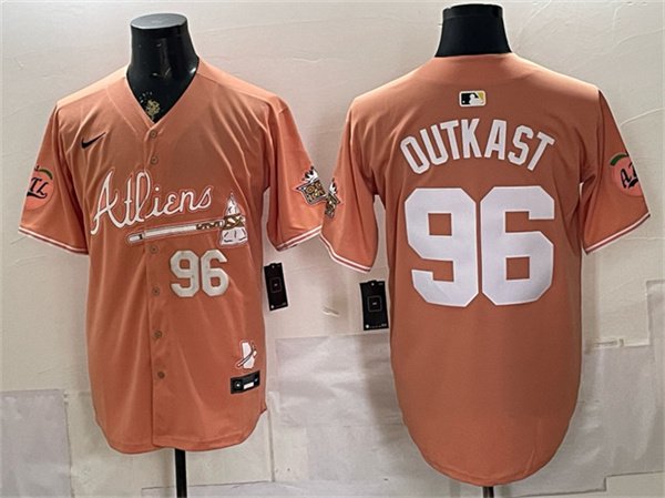 Men's Atlanta Braves 96 OutKast Peach 2024 Atliens Peach With Outkast Patch Vapor Limited Stitched Baseball Jersey