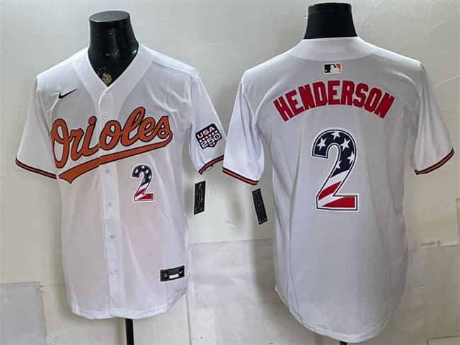 Men's Baltimore Orioles 2 Gunnar Henderson White USA 250 Fourth of July Home Stitched Baseball Jersey