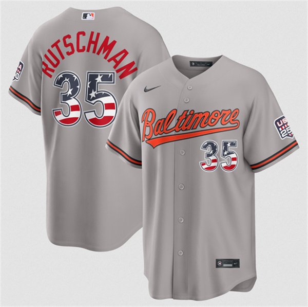 Men's Baltimore Orioles 35 Adley Rutschman Gray USA 250 Fourth of July Home Stitched Baseball Jersey