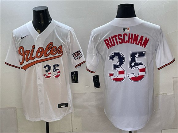 Men's Baltimore Orioles 35 Adley Rutschman White USA 250 Fourth of July Home Stitched Baseball Jersey