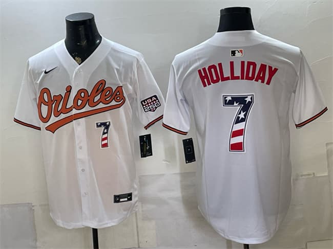 Men's Baltimore Orioles 7 Jackson Holliday White USA 250 Fourth of July Home Stitched Baseball Jersey