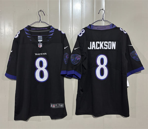 Men's Baltimore Ravens 8 Lamar Jackson Black 2026 Alternate Vapor Limited Football Stitched Jersey Men's Baltimore Ravens 8 Lamar Jackson Black 2026 Alternate Vapor Limited Football Stitched Jersey