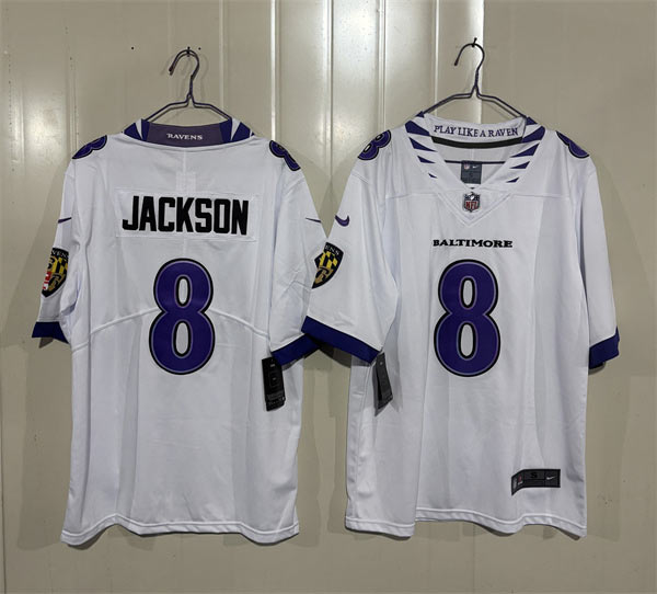 Men's Baltimore Ravens 8 Lamar Jackson White 2026 Alternate Vapor Limited Football Stitched Jersey Men's Baltimore Ravens 8 Lamar Jackson White 2026 Alternate Vapor Limited Football Stitched Jersey