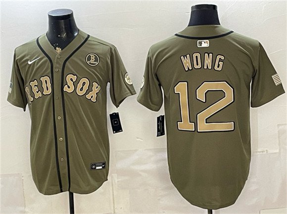 Men's Boston Red Sox 12 Connor Wong Olive Armed Forces Day Cool Base Stitched Baseball Jersey