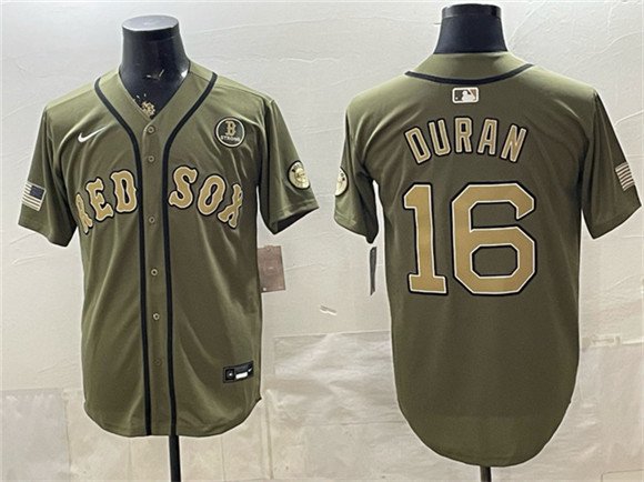 Men's Boston Red Sox 16 Jarren Duran Olive Armed Forces Day Cool Base Stitched Baseball Jersey