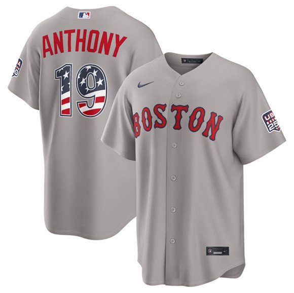 Men's Boston Red Sox 19 Roman Anthony Gray 2026 USA 250 Fourth of July Home Stitched Baseball Jersey