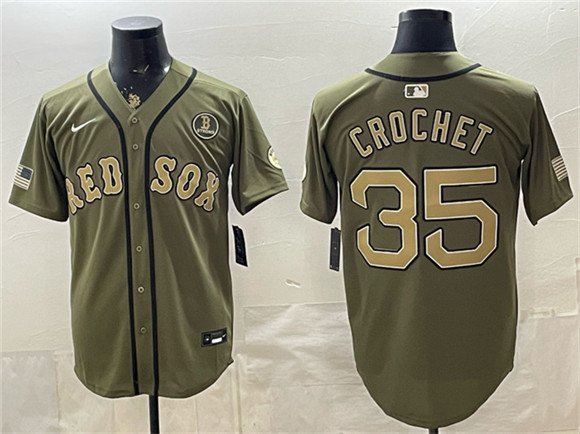 Men's Boston Red Sox 35 Garrett Crochet Olive Armed Forces Day Cool Base Stitched Baseball Jersey
