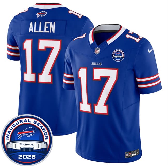 Men's Buffalo Bills 17 Josh Allen Blue F U S E 2026 Inaugural Season at Highmark Stadium Football Stitched Jersey Men's Buffalo Bills 17 Josh Allen Blue F U S E 2026 Inaugural Season at Highmark Stadium Football Stitched Jersey
