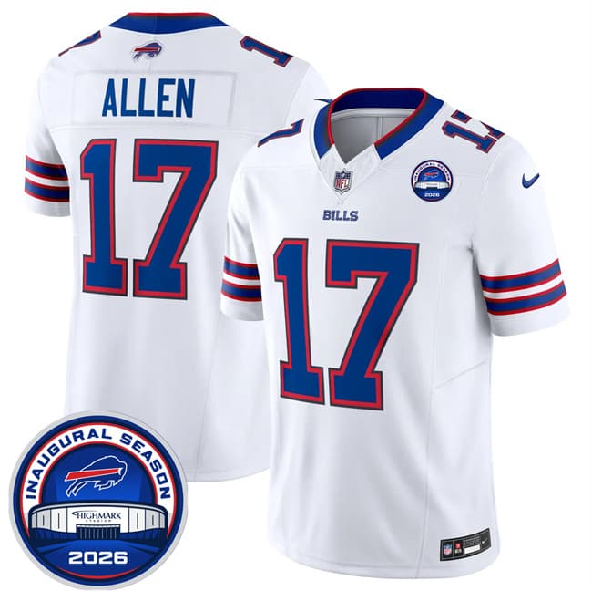Men's Buffalo Bills 17 Josh Allen White F U S E 2026 Inaugural Season at Highmark Stadium Football Stitched Jersey Men's Buffalo Bills 17 Josh Allen White F U S E 2026 Inaugural Season at Highmark Stadium Football Stitched Jersey