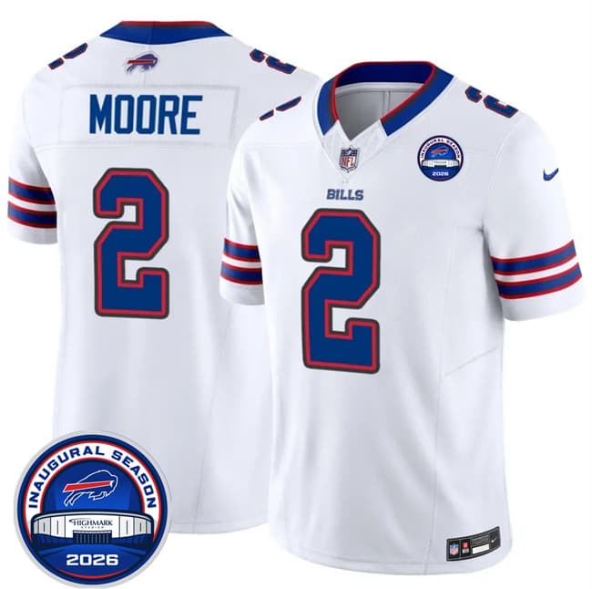 Men's Buffalo Bills 2 D J Moore White F U S E 2026 Inaugural Season at Highmark Stadium Patch Football Stitched Jersey