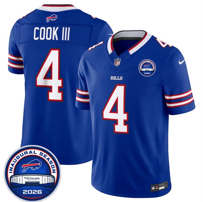 Men's Buffalo Bills 4 James Cook III Blue F U S E 2026 Inaugural Season at Highmark Stadium Football Stitched Jersey