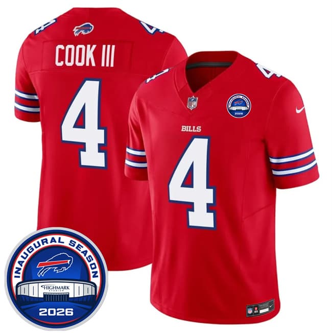 Men's Buffalo Bills 4 James Cook III Red F U S E 2026 Inaugural Season at Highmark Stadium Football Stitched Jersey Men's Buffalo Bills 4 James Cook III Red F U S E 2026 Inaugural Season at Highmark Stadium Football Stitched Jersey