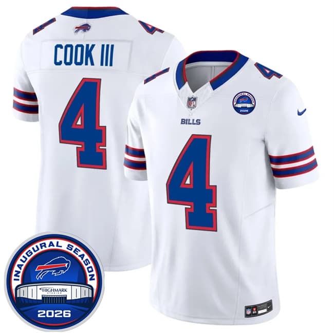 Men's Buffalo Bills 4 James Cook III White F U S E 2026 Inaugural Season at Highmark Stadium Football Stitched Jersey Men's Buffalo Bills 4 James Cook III White F U S E 2026 Inaugural Season at Highmark Stadium Football Stitched Jersey