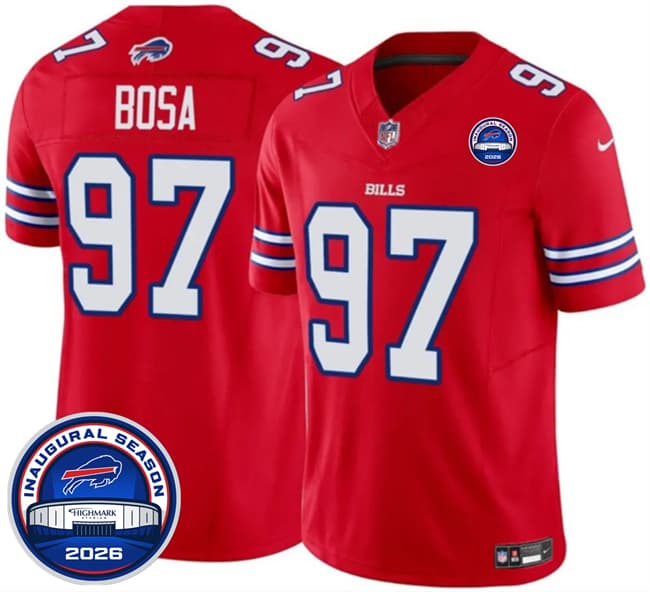 Men's Buffalo Bills 97 Joey Bosa Red F U S E 2026 Inaugural Season at Highmark Stadium Football Stitched Jersey Men's Buffalo Bills 97 Joey Bosa Red F U S E 2026 Inaugural Season at Highmark Stadium Football Stitched Jersey