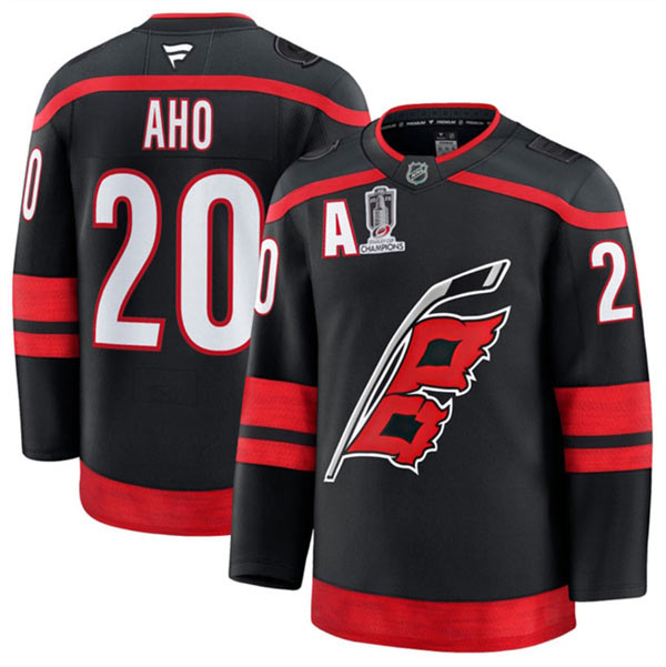 Men's Carolina Hurricanes 20 Sebastian Aho Black 2026 Stanley Cup Champions And A Patch Home Stitched Hockey Jersey