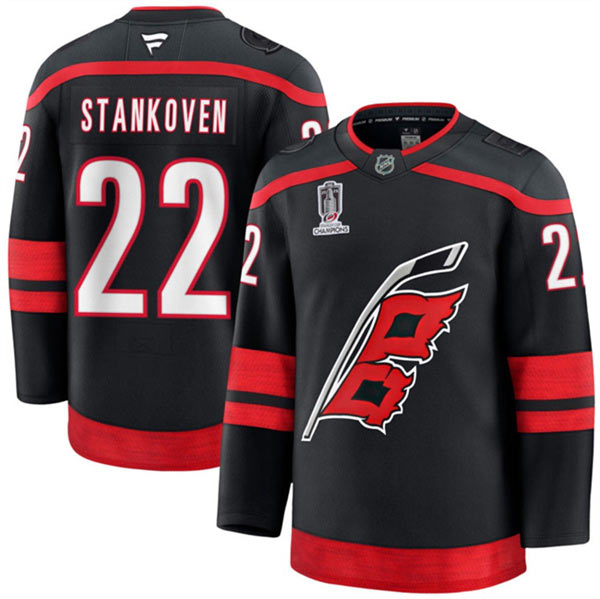 Men's Carolina Hurricanes 22 Logan Stankoven Black 2026 Stanley Cup Champions Home Stitched Hockey Jersey