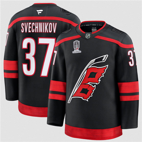 Men's Carolina Hurricanes 37 Andrei Svechnikov Black 2026 Stanley Cup Champions Home Stitched Jersey