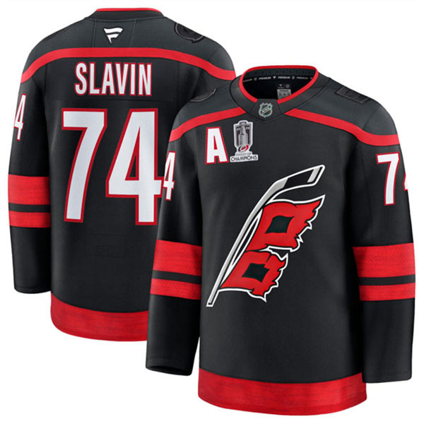 Men's Carolina Hurricanes 74 Jaccob Slavin Black 2026 Stanley Cup Champions And A Patch Home Stitched Hockey Jersey