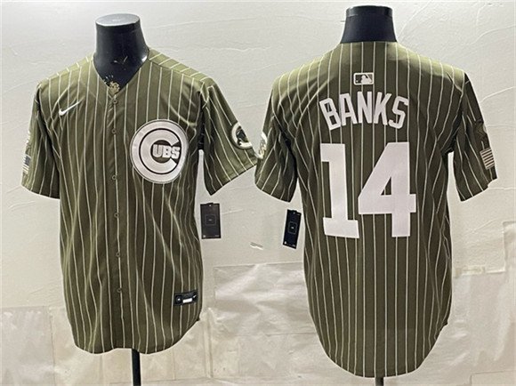Men's Chicago Cubs 14 Ernie Banks Pinstripe Olive 2026 Armed Forces Day Salute To Service Stitched Baseball Jersey