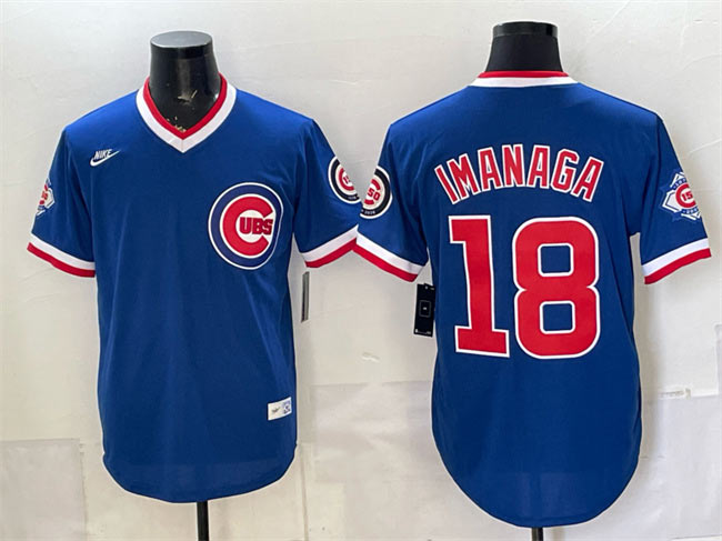 Men's Chicago Cubs 18 Shota Imanaga Royal 150th Anniversary Throwback Vapor Limited Stitched Baseball Jersey