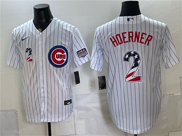 Men's Chicago Cubs 2 Nico Hoerner White 2026 USA 250 Fourth of July Home Stadium Stitched Baseball Jersey