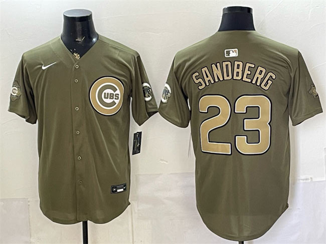 Men's Chicago Cubs 23 Ryne Sandberg Olive 2026 Armed Forces Day Stitched Baseball Jersey