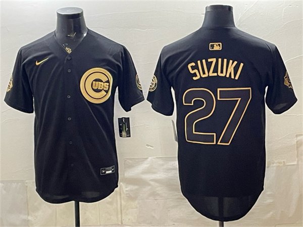 Men's Chicago Cubs 27 Seiya Suzuki Black Gold 150th Anniversary Patch Stitched Baseball Jersey