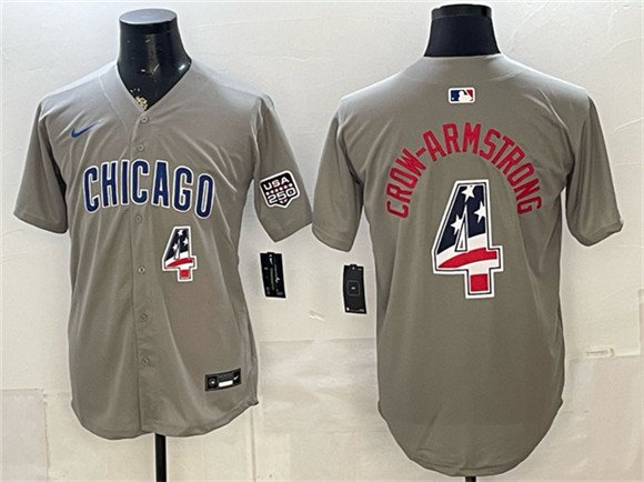 Men's Chicago Cubs 4 Pete Crow Armstrong Gray 2026 USA 250 Fourth of July Stitched Baseball Jersey