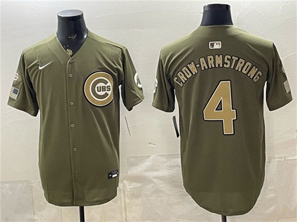 Men's Chicago Cubs 4 Pete Crow Armstrong Olive 2026 Armed Forces Day Stitched Baseball Jersey