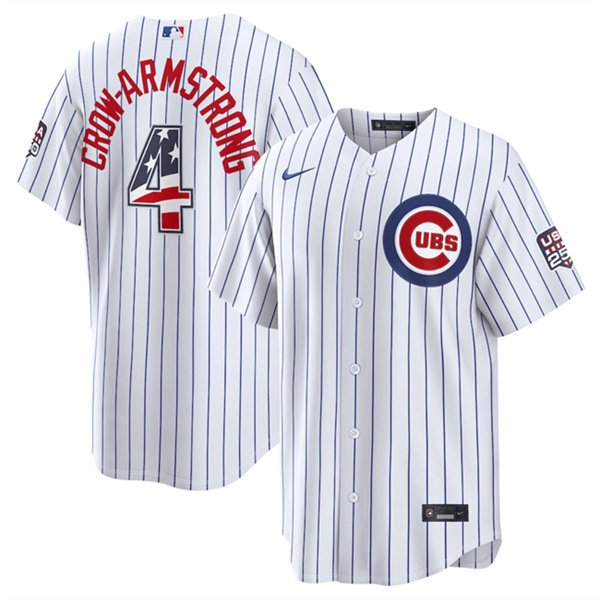 Men's Chicago Cubs 4 Pete Crow Armstrong White 2026 USA 250 Fourth of July Home Stadium Stitched Baseball Jersey