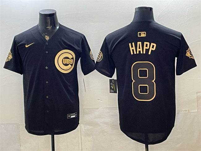 Men's Chicago Cubs 8 lan Happ Black Gold 150th Anniversary Patch Stitched Baseball Jersey