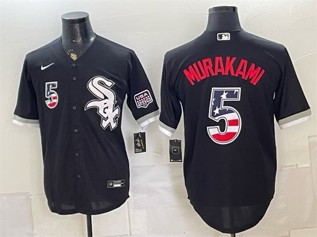 Men's Chicago White Sox 5 Munetaka Murakami Black 2026 USA 250 Fourth of July Stitched Baseball Jersey