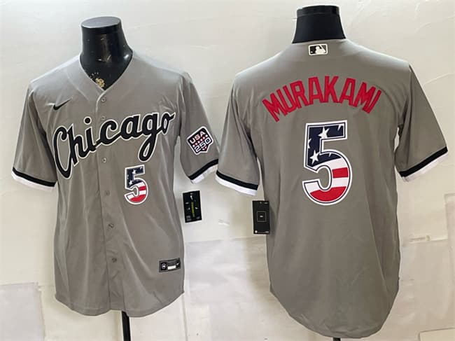 Men's Chicago White Sox 5 Munetaka Murakami Gray 2026 USA 250 Fourth of July Stitched Baseball Jersey