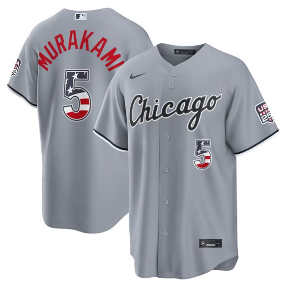Men's Chicago White Sox 5 Munetaka Murakami Gray USA 250 Fourth of July Home Stitched Baseball Jersey