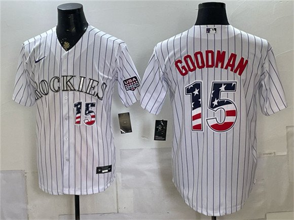 Men's Colorado Rockies 15 Hunter Goodman White 2026 USA 250 Fourth of July Home Stitched Baseball Jersey