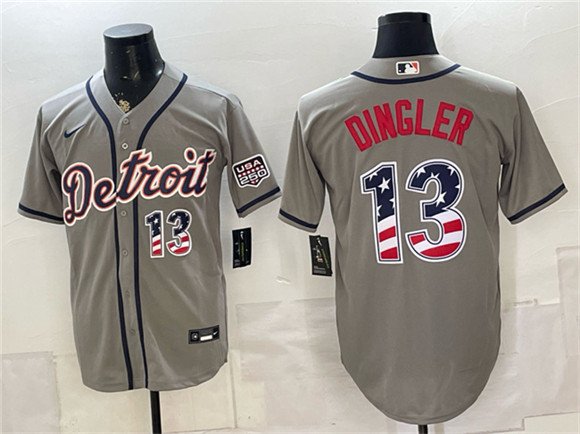 Men's Detroit Tigers 13 Dillon Dingler Gray 2026 USA 250 Fourth of July Stitched Baseball Jersey
