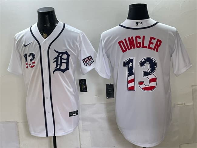 Men's Detroit Tigers 13 Dillon Dingler White 2026 USA 250 Fourth of July Stitched Baseball Jersey
