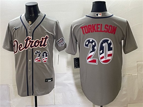 Men's Detroit Tigers 20 Spencer Torkelson Gray 2026 USA 250 Fourth of July Stitched Baseball Jersey