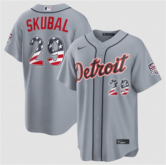 Men's Detroit Tigers 29 Tarik Skubal Grey 2026 USA 250 Fourth of July Stitched Baseball Jersey