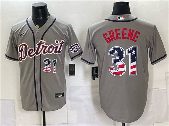 Men's Detroit Tigers 31 Riley Greene Gray 2026 USA 250 Fourth of July Stitched Baseball Jersey