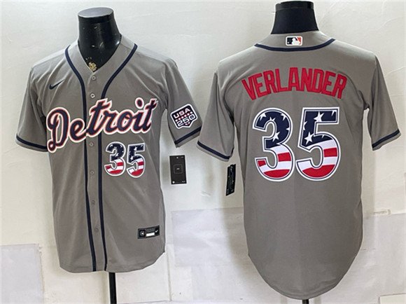 Men's Detroit Tigers 35 Justin Verlander Gray 2026 USA 250 Fourth of July Stitched Baseball Jersey